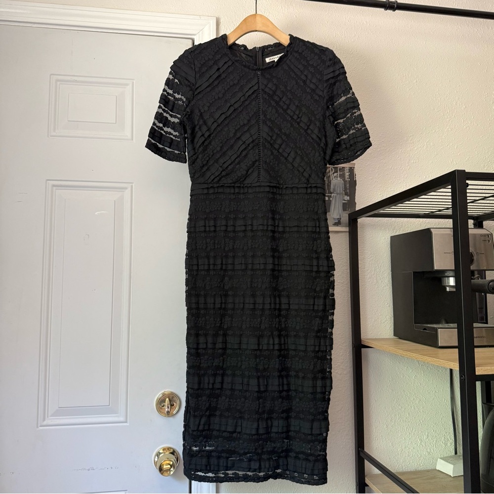 JessaKae black cotton nylon lace knit stretchy short sleeve midi dress